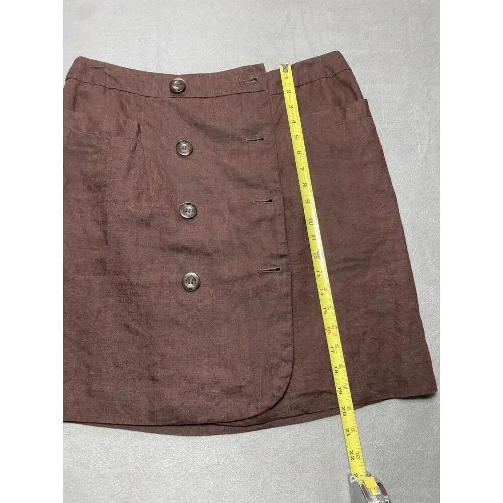 Focus 2000 Women Size 12 Brown‎ Linen Wrap Skirt Accent Buttons Lined Lagenlook